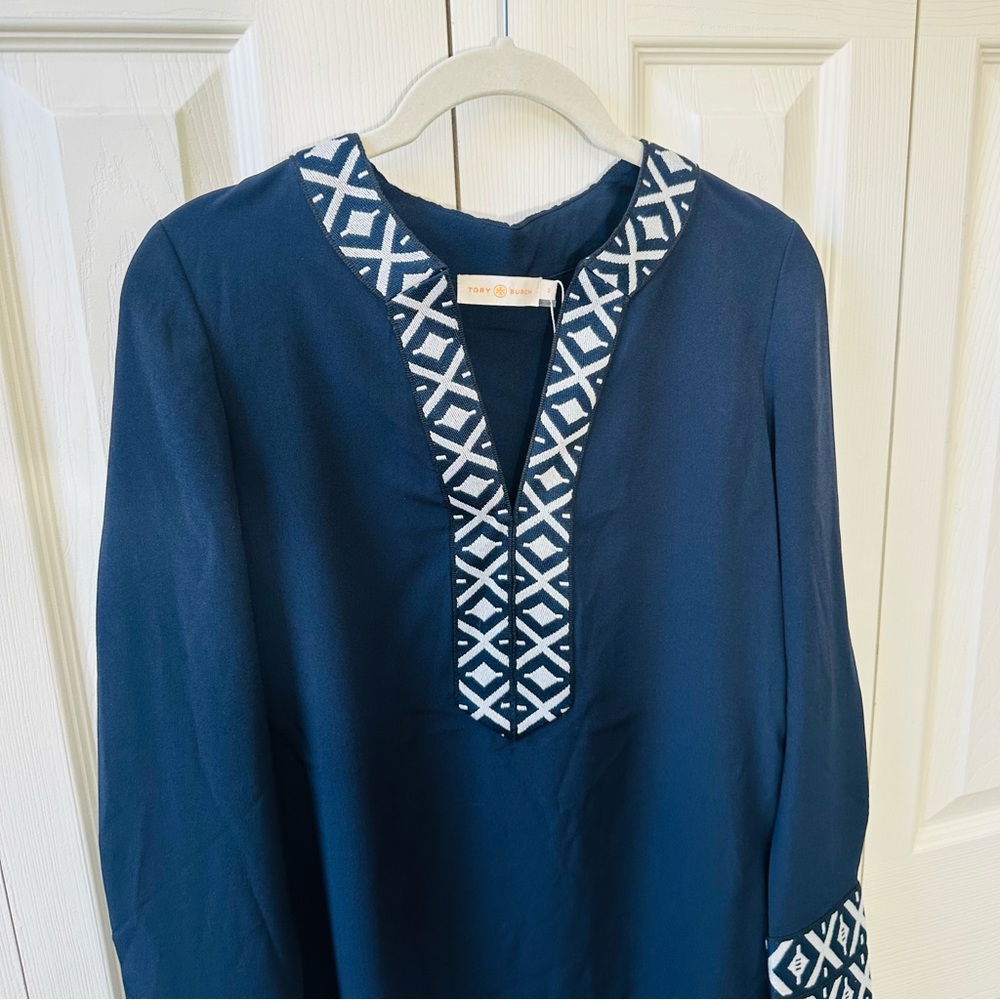 Tory Burch Embroidered Long Sleeve Tunic Top Navy Blue White Womens Size 2 - Picture 6 of 9